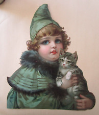 LITTLE GIRL WITH KITTY - Massive Victorian Die-Cut - (14 1/4