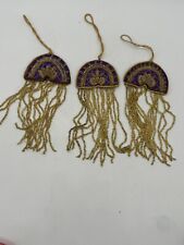 3 Vintage Handmade Purple Gold Glass Beaded  Ornament Dbl Sided Made In India picture