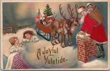 Patriotic~SILK Santa Claus w/ Children~USA FLAG~Chimney~ Christmas Postcard~k-99 picture