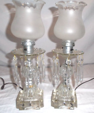 Vintage Pair Hurricane Crystal Boudoir Lamps with Prisms & Frosted Glass Shades picture