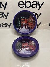 Christmas tin tray Victorian city Christmas scene purple trim Coasters VTG picture