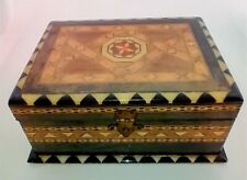 Vintage Spanish Inlaid Wooden Marquetry Box, Geometric Pattern, Red Velvet Lined picture