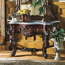 Hand Carved Mahogany Antique Replica Floral Scrollwork Marble Top Console Table picture