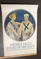 Original WWI Poster America Calls Enlist In The Navy On Linen 28.25x40.25” picture