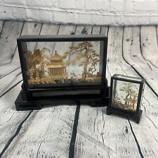 VINTAGE CHINESE SAN YOU DIORAMA CORK CARVING GLASS CASE Lot Of 2 picture