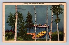 Pickerel Lake WI-Wisconsin, General Greetings, Canoeing Vintage c1958 Postcard picture