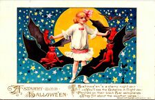 Vintage Winsch Schmucker Girl, Bats, Devil, Demons, Moon, Halloween Postcard picture