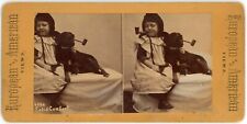 c1900's Very Rare Real Photo Stereoview Card Little Girl & Dog Smoking Pipes picture