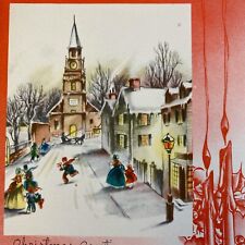 Vintage Early Mid Century Christmas Greeting Card Town Square Villagers In Snow picture