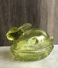 Vintage Nesting Bunny Rabbit Candy Dish Trinket Box Easter Basket Green Glass picture