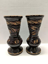 Vintage Matched Pair Hand Carved Floral Natural Wood Vase Boho Mid Century 10.5” picture