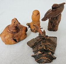 Vintage Set Of 4 Hand Carved Wooden Figurines Birds & Face picture