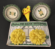 5 Vintage Plastic Yellow Flower Curtain Tie Backs Push Pins, 1940s, 50s picture