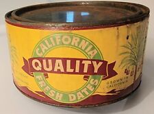 Vintage California Dates Tin Yellow w  Palm Trees Original Tin Round Metal 7 in picture