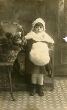 MZ01 Vtg Photo RPPC LITTLE GIRL FUR CAPE & MUFF, BROOCH, BASKET c Early 1900's picture