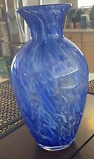 Beautiful Vintage Clear Cased Blue Turquoise Swirl Splatter Art Glass Vase 8” picture