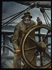 AN OLD SEA DOG AT THE SHIPS WHEEL C1890 HAND COLOURED Magic Lantern Slide picture