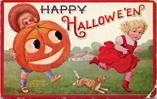 1908 Halloween Postcard - Girl Runs from Scary Jack O'Lantern, Dog Chases picture