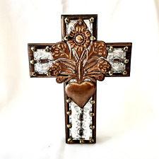 VINTAGE Wood  Signed Dated Cross Milagros Sacred Heart Mexican Folk Art Copper picture