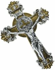 Saint Benedict Wall Cross Crucifix with Antique Silver and Gold Finish, 10 1/4 picture