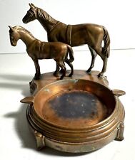 Vintage 1950's Bronze Metal Ashtray 2 Horses 2 Cigarette Slots On Small Legs picture