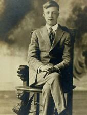 Man Suit Sitting Carved Chair Helmer Peterson Vintage RPPC Photo Postcard picture