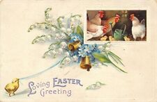 Clapsaddle Easter~Chick Pulls Bells in Lily Valley~Hens & Chicks in Barn~Emboss picture