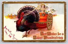 c1910 Fantasy Angel Turkey Pulls Pumpkin Cart Chariot  Thanksgiving P301 picture