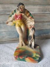 Vintage Chalkware Lady Woman Figurine With Dog Pinup German Shepherd picture