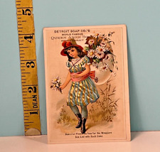 1800's Queen Anne Detroit Soap Co, Girl toting Bouquet of flowers trade card. picture