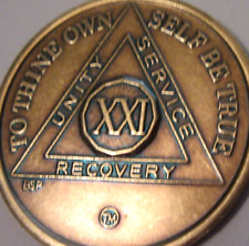 Alcoholics Anonymous AA 21 Year Bronze Medallion Token Coin Chip Sobriety Sober picture