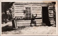 RPPC Photo Postcard HUNTING LOG CABIN Winter Scene / Deer Head & Antlers c1930s picture