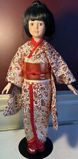 Vintage Collectors Kimono Asian Japanese Porcelain Doll Metal Stand picture