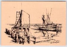 1978 BILOXI MISSISSIPPI BOATS AT DOCK HANDCRAFTED POSTCARD ARTIST PHIL MONTALBO picture
