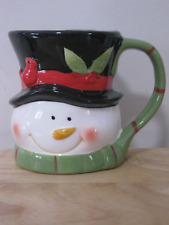 Ceramic Christmas Mug Snowman with Black Hat, Green Scarf & Red Cardinal picture