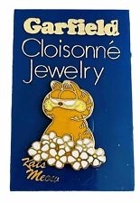 New on Card 1978 Garfield Cloisonné Jewelry Kats Meow Garfield with Flowers Pin picture