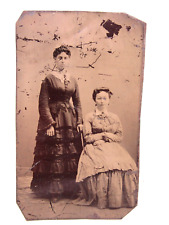 Antique Tintype 2 Beautiful Young Women Big Dresses Photo picture