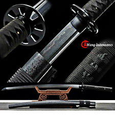 All Black Damascus Folded Steel Sword Functional Sharp Japanese Samurai Katana picture