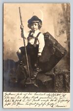 c1902 Adorable Boy In Outfit Hiking w/ Stick Studio Photo ANTIQUE Postcard picture