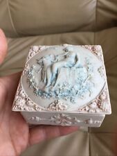 Antique 18/19c Bisque Jewelry Trinket Box Red Blue Coloring Cupid Shooting Arrow picture