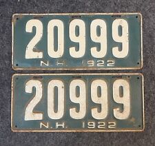 1922 New Hampshire License Plate Pair 20999 NH 22 Set YOM 999 Triple 9 picture