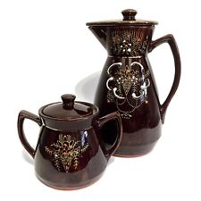 Vintage Earthenware Coffee Carafe & Sugar Bowl Brown Glaze w/ Moriage Design picture