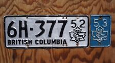 1952 1953  BRITISH COLUMBIA License Plate With '53 TAB picture