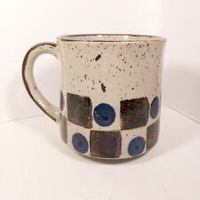Vintage 1970s Speckled Stoneware Coffee Mug Brown Squares Blue Dots Retro picture