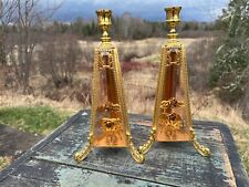 Pair VTG GOLD Ormolu 3-Sided Filigree Candlesticks w/ Pink Amber Floral Roses picture