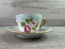 Vintage Hand Painted Teacup & Saucer Pastels Roses Gold Trim Signed 1900 picture