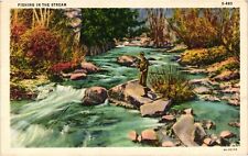 Vintage Postcard - 1939 Fisherman Enjoying The Stream Standing On Rock picture