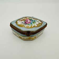 Vintage Limoges Hand Painted Floral Porcelain Hinged Trinket Box Blue Gold As Is picture