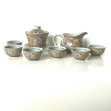 10 Pc Chinese Gongfu Tea Set Gray Green Enamel Floral IOB picture