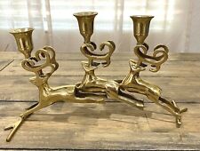 Vintage Brass FLYING REINDEER Candelabra Holds 3 Candles 11” picture